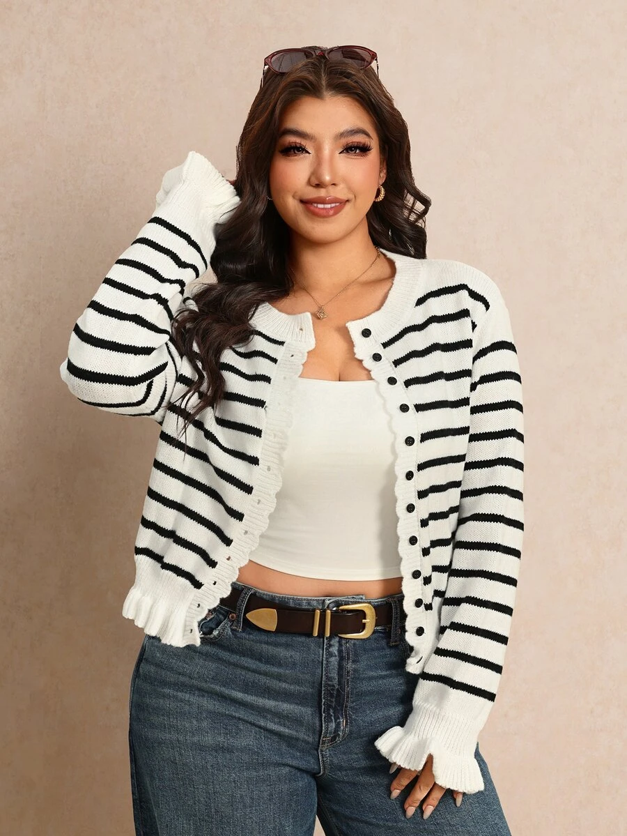 Elaquor Plus Size Women's Striped Colorblock Casual Daily Cardigan - Black and White - View 1