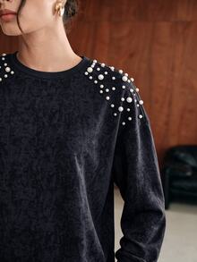 Anewsta Women's Fall Fashion Round Neck Beaded Long Sleeve Sweatshirt For Vacation And Travel Tea Party Everyday Navy Blue Autumn Elegant Casual - Black - View 4