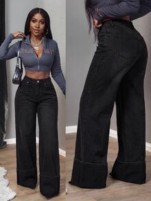 SHEIN Tall 女款休閒日常牛仔褲，附口袋與鈕扣設計 - 黑色 - 查看 1