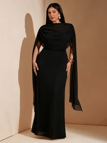 SHEIN BAE CURVE فستان أنيق للنساء بمقاسات كبيرة مع ربطة كشكشة وحافة ذيل سمكة مطوية - الأسود - مشاهدة 5