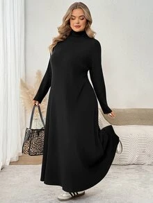 SHEIN CURVE+ Women's Plus Size Autumn/Winter Knit Ribbed Turtleneck Long Sleeve A-Line Dress 8XL Fall - Black - View 6