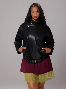 Rustia Jaket Fashion Wanita Ukuran Besar Warna Polos Kulit PU Lengan Panjang dengan Saku untuk Musim Gugur - Hitam - View 1
