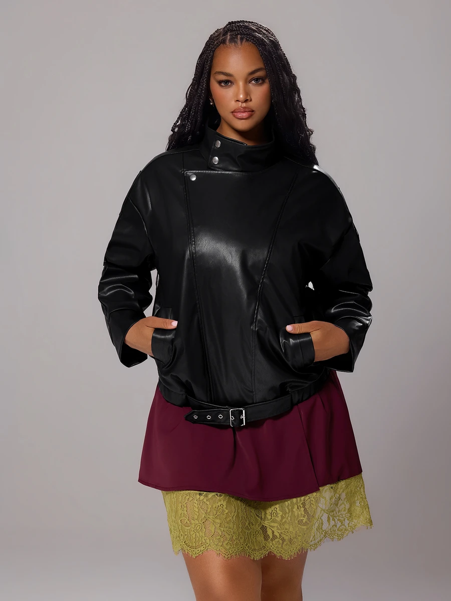 Rustia Jaket Fashion Wanita Ukuran Besar Warna Polos Kulit PU Lengan Panjang dengan Saku untuk Musim Gugur - Hitam - View 1