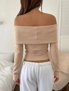 K-Vae Women's Minimalist Casual Sexy Cold Shoulder Sweater, Soft Fluffy Cold Shoulder Slim Fit Long Sleeve Knit Top Brunch Beige Autumn - Brown - View 2