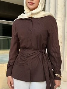 Solavon Women's Striped Pleated Casual Versatile Daily Wear Blouse - Brown - View 1