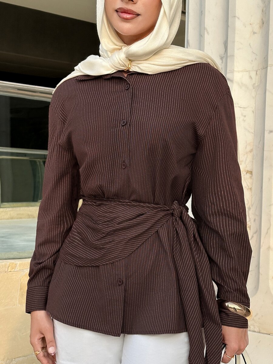 Solavon Women's Striped Pleated Casual Versatile Daily Wear Blouse - Brown - View 1
