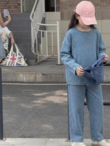 Dazy Kids 青少年女孩圓領長袖上衣與長褲休閒日常牛仔套裝 - 淺色水洗藍 - 查看 7