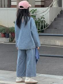 Dazy Kids 青少年女孩圓領長袖上衣與長褲休閒日常牛仔套裝 - 淺色水洗藍 - 查看 5