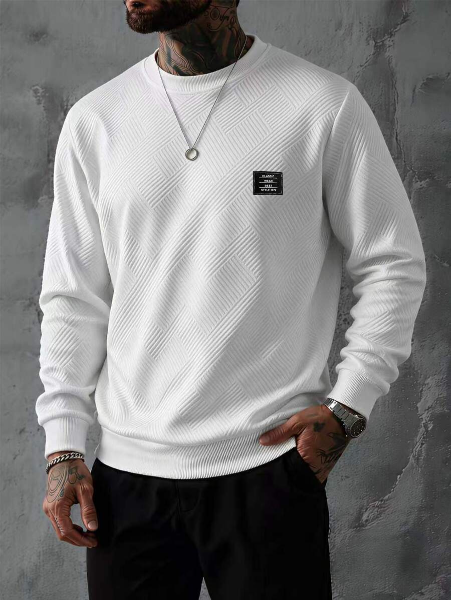 Sorvial Men's Casual Vacation Letter Print Denim Crew Neck Long Sleeve Sweatshirt - White - View 1