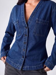 LYSMO Women's Casual Cinched Waist Denim Top, Autumn - Medium Wash - View 7