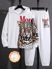 SHEIN 青少年男孩豹紋長袖連帽衛衣與運動長褲休閒套裝 - 彩色 - 查看 1