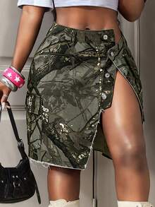 BamGleam Women's Spring/Summer Outdoor Party Commute Camouflage Multi-Pocket Utility Denim Skirt With Multiple Buttons - Army Green - View 1