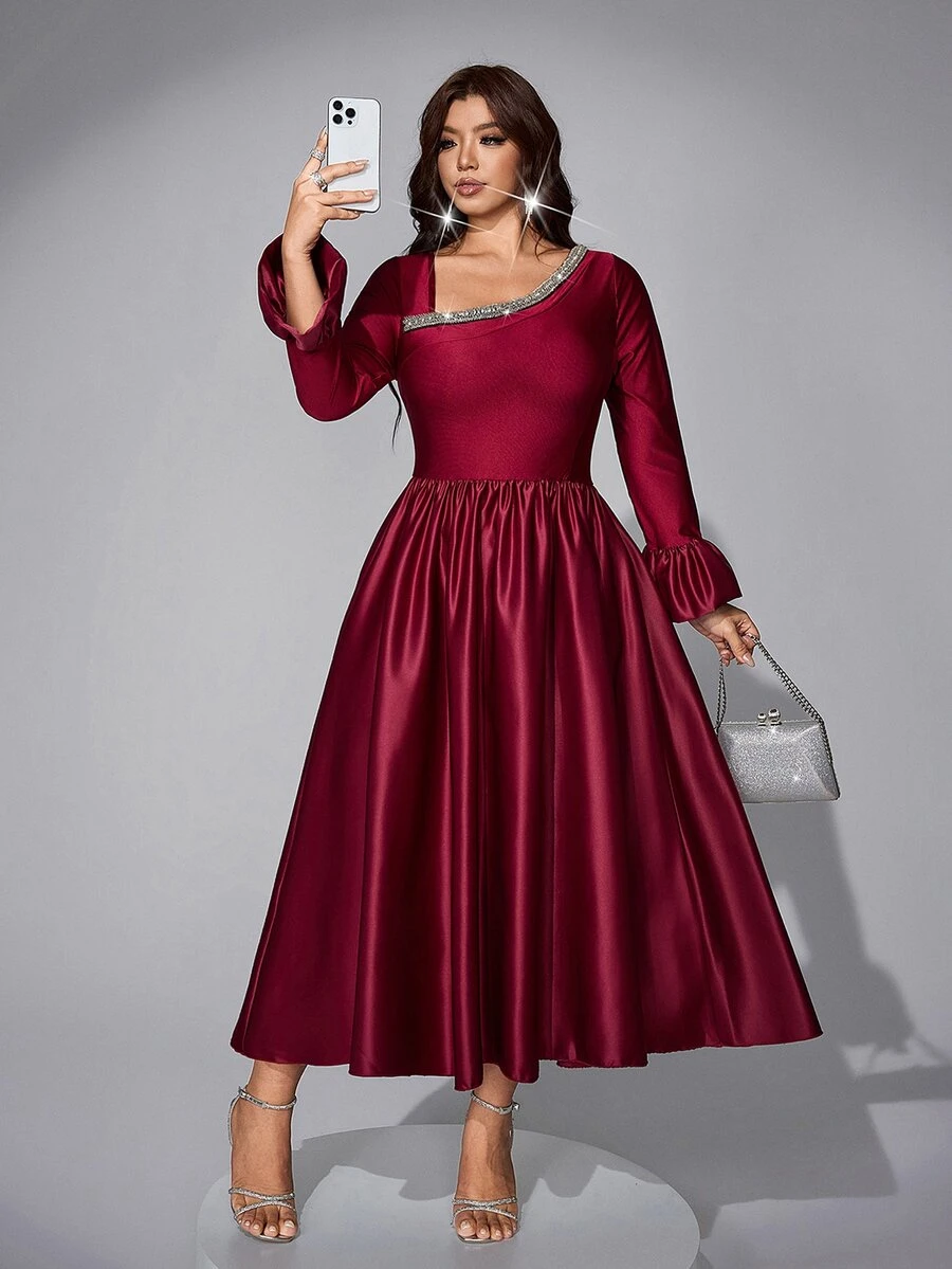 Viva Relle Plus Size Women's Elegant Satin High-Cinched Waist Chain Decor Solid Color Dress - Burgundy - View 1