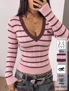 Coolane 女款騎士圖案條紋V領長袖休閒毛衣 - 彩色 - 查看 3