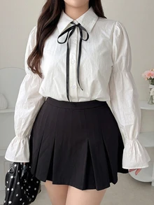 Dazy Plus Preppy Style Bowknot Lace-Up Flared Sleeve White Shirt, Spring/Autumn New Arrival - White - View 2