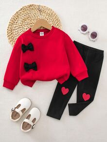 SHEIN 女嬰針織可愛蝴蝶結衛衣與內搭褲2件套 - 彩色 - 查看 4