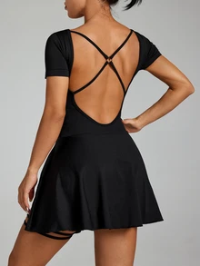 Mistrie Women's Solid Color Square Neck Short Sleeve Daily Fitness Sports Romper - Black - View 2
