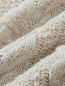 SHEIN This Off-White Turtleneck Poncho Features Intricate Cable Knit Stitching All Over. Loose Relaxed Cut - Apricot - View 5