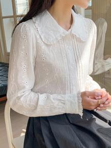 DAZY 女款花卉刺繡圖案休閒日常襯衫 - 白色 - 查看 2
