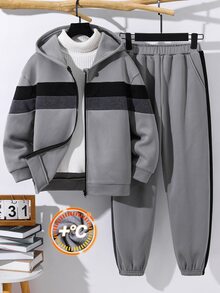 SHEIN 兒童青少年男孩條紋拉鍊連帽外套與運動長褲休閒套裝 - 彩色 - 查看 6
