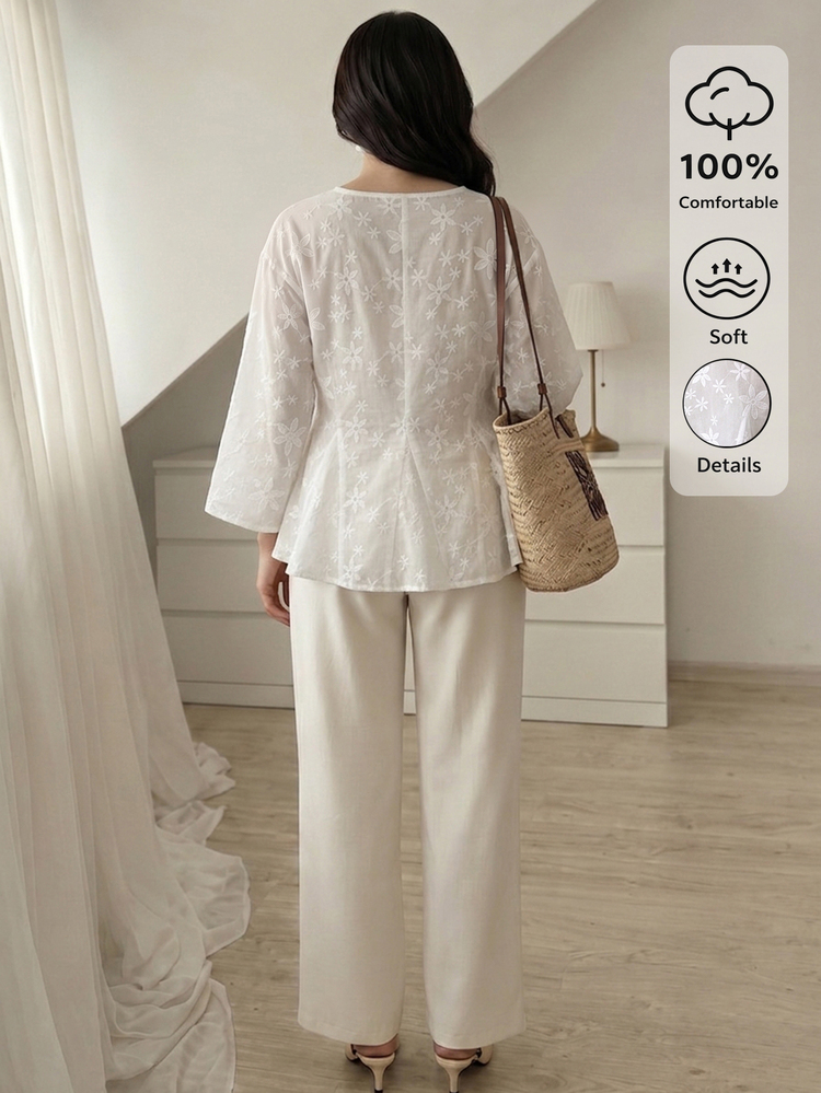 Elenzga Urban Fashion Elegant Vacation New Women's White V-Neck Mid-Length Sleeve Asymmetrical Hem Blouse, Suitable For Daily Wear, Wedding, Evening Party, Daily Commute, Graduation Party, Holiday Events, Vacation, Dating, Party, Halloween, Christmas, New Year, Thanksgiving, Wedding - White - View 2