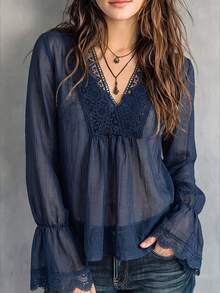 Women's French Elegant Lace Patchwork Top For Date And Vacation - Navy Blue - View 1
