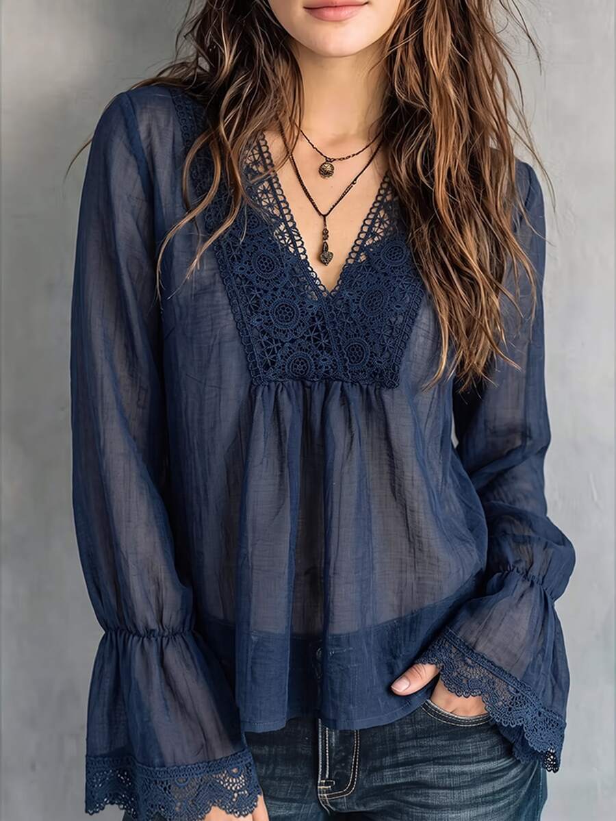 Women's French Elegant Lace Patchwork Top For Date And Vacation - Navy Blue - View 1
