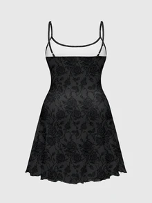 ROMWE Goth Plus Size Women Floral Print Casual Party Spaghetti Strap Dress - Black - View 2