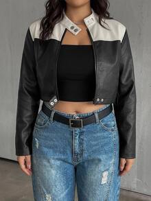 Dazy Plus Cropped Patchwork Contrast Color Motorcycle Street Casual Spring Autumn Jacket - Black - View 5