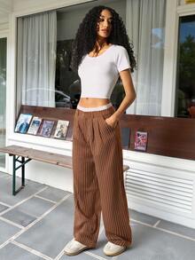 SHEIN EZwear 女款休閒條紋拼接色塊高腰寬腿西裝長褲，秋冬款 - 卡其色 - 查看 5