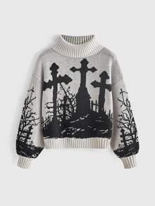 ROMWE Goth Dark Vintage Plus Size Women's Knit Sweater, Cross & Graveyard Print, High Neck, Loose Fit, Long Sleeve, Pullover, Halloween Street Style - Light Grey - View 1