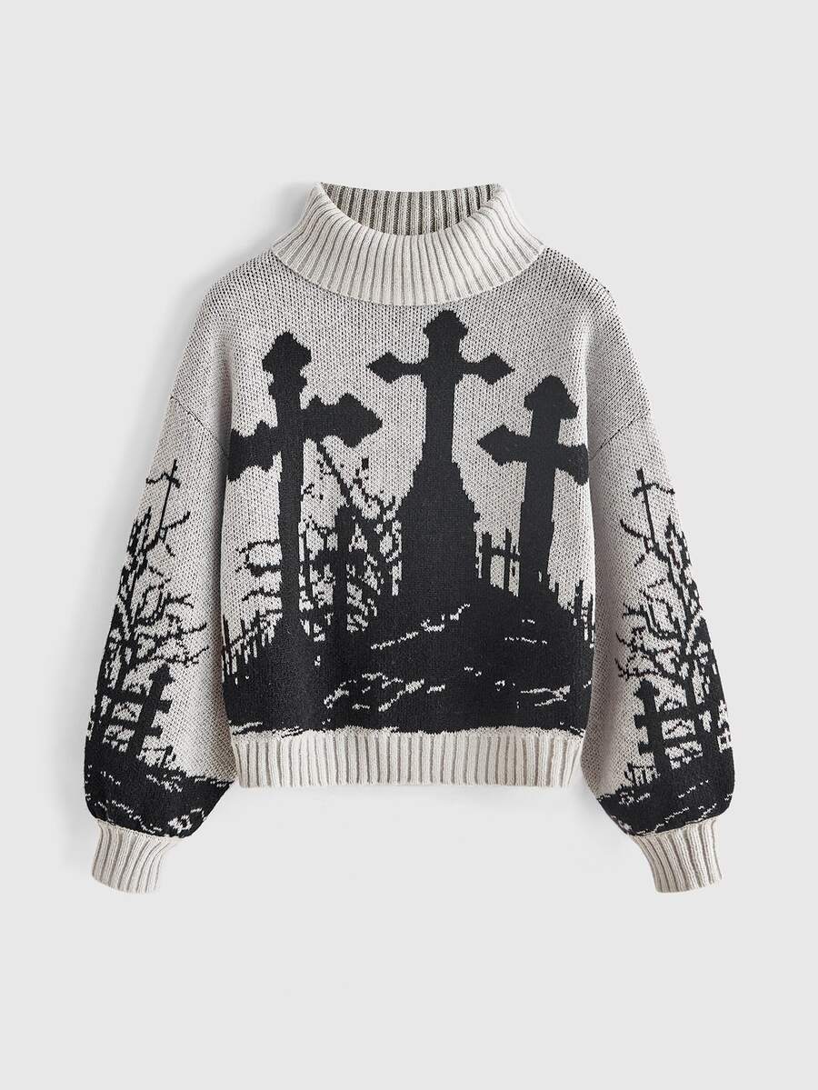 ROMWE Goth Dark Vintage Plus Size Women's Knit Sweater, Cross & Graveyard Print, High Neck, Loose Fit, Long Sleeve, Pullover, Halloween Street Style - Light Grey - View 1