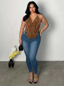 Firerie Plus Size Women's Fashion Versatile Daily Wear Halter Neck Top - Khaki - View 6