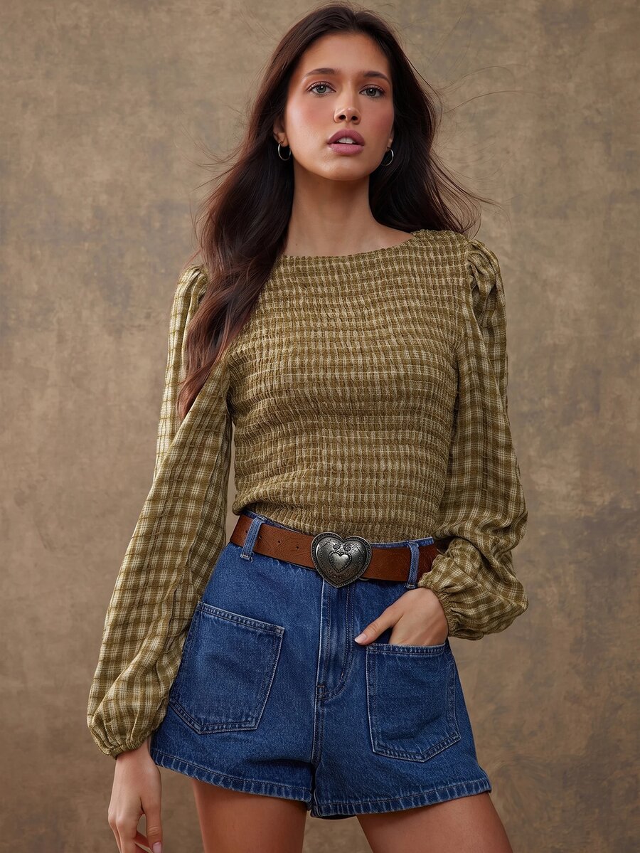 WESTFADE Smocked Boatneck Long Puff Sleeve Ruffle Hem Fitted Embroidered Plaid Blouse Top, Fall Winter 2026 Western Style Cowgirl Clothing, Female Country Look - Green - View 1