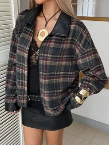 Livesso Dark Gray & Red Plaid Leather Patchwork Lapel Loose Drop Shoulder Long Sleeve Vintage Casual Versatile Jacket Fall - Multicolor - View 1