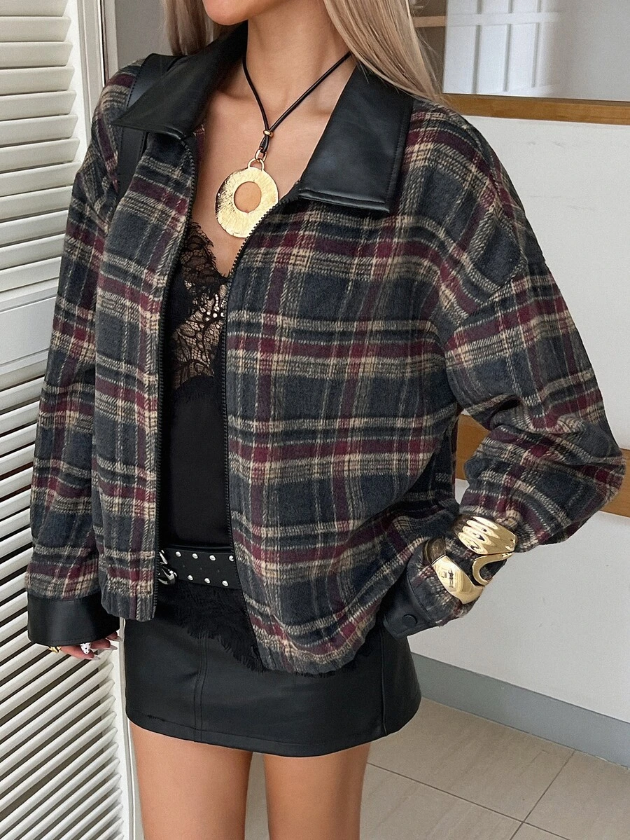 Livesso Dark Gray & Red Plaid Leather Patchwork Lapel Loose Drop Shoulder Long Sleeve Vintage Casual Versatile Jacket Fall - Multicolor - View 1