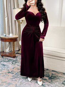 Feyla Women's Solid Color Ruched Off Shoulder Elegant Cinched Waist Party Dress - Burgundy - View 3