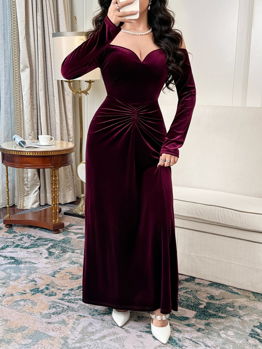 Feyla Women's Solid Color Ruched Off Shoulder Elegant Cinched Waist Party Dress - Burgundy - View 1