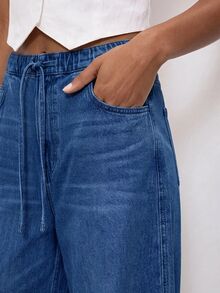 Maija Damen-Jeans mit Kordelzug-Bund, Taschen, weitem Bein und lockerer Passform, hellblau, lässig, für Herbst, Alltag und Reisen - Dunkle Waschung - Übersicht 4
