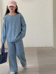 Dazy Kids 青少年女孩圓領長袖上衣與長褲休閒日常牛仔套裝 - 淺色水洗藍 - 查看 3
