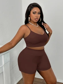 Slaydiva Summer Basic Loose Fit Women's Plus Size Outdoor Casual Set - Rust Brown - View 4