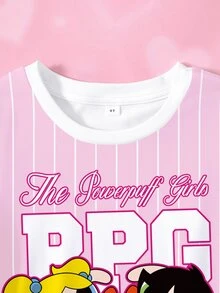 THE POWERPUFF GIRLS X SHEIN Young Girl Letter Stripe Print Round Neck Short Sleeve T-Shirt - White - View 3