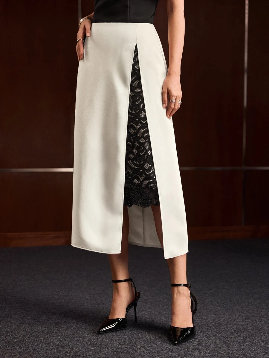 MOTF PREMIUM WOMEN'S CONTRAST LACE SPLIT SKIRT - Apricot - View 2