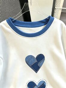 Selamara Women's Colorblock Patchwork Heart Print Drop Shoulder Loose Round Neck Sweatshirt - White - View 3