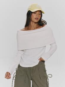 MUSERA White Knit Lightweigt Foldover Bardot Long Sleeve Top Autumn Winter Fall Daily Everyday Essential Core Knitwear - White - View 1