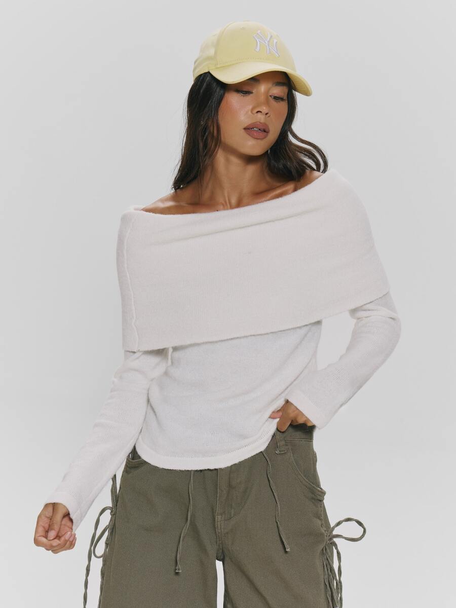 MUSERA White Knit Lightweigt Foldover Bardot Long Sleeve Top Autumn Winter Fall Daily Everyday Essential Core Knitwear - White - View 1