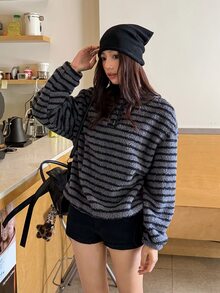 K-Vae Women's Striped Stand Collar Half-Zip Loose Fleece Casual Pullover Sweatshirt - Multicolor - View 6