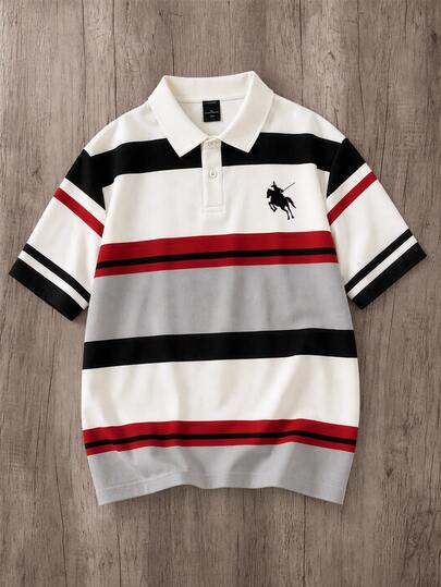 Manfinity Joysei Men's Striped Knight Logo Print Polo Shirt, Suitable For Daily Casual, Friends Gathering, Campus Wear