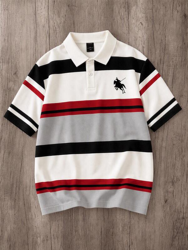 Manfinity Joysei Men's Striped Knight Logo Print Polo Shirt, Suitable For Daily Casual, Friends Gathering, Campus Wear