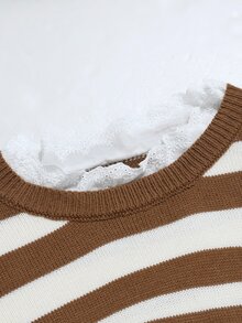 Linhara CURVE Sweater Rajut Renda Lengan Panjang Leher Bulat Bergaris Ukuran Plus Wanita Musim Gugur/Dingin - Khaki - View 7
